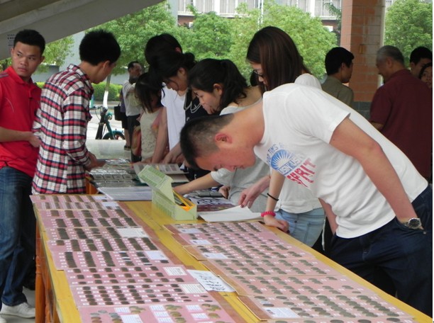 同学们在认真观看钱币展览