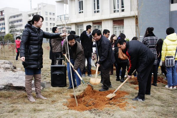 老师们一同种下“共青林”树苗