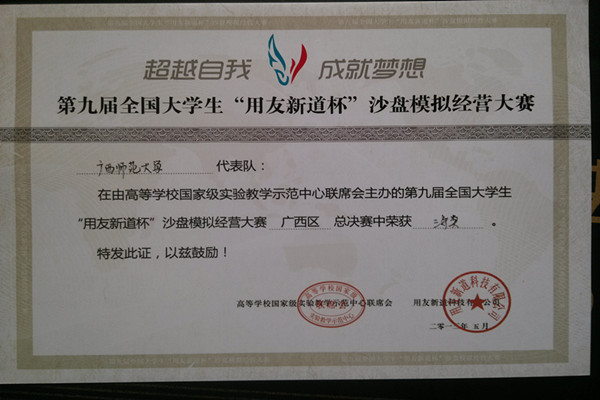 第九届全国大学生“用友新道杯”沙盘经营模拟大赛广西区总决赛三等奖